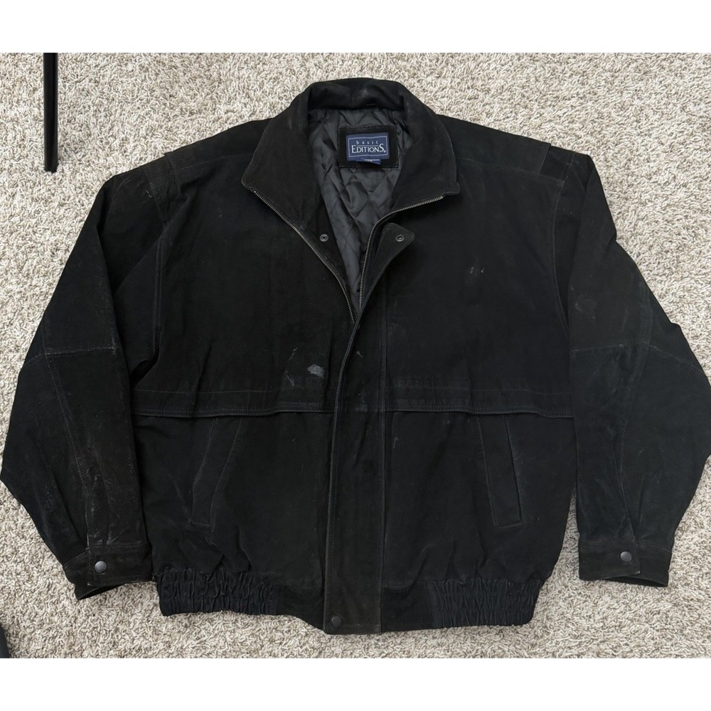 Vintage Suede Leather Bomber Jacket Mens XL Black Quilted Coat 90s